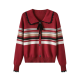 Women's Burgundy Peter Pan Collar Cardigan with Striped Panel Print