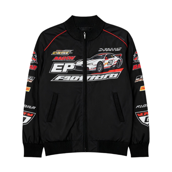 Men's Black Bomber Jacket with Racing Car & Text Print