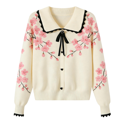 Pastel Cherry Blossom Pattern Collared Knit Cardigan