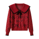 Women's Burgundy Peter Pan Collar Cardigan with All-Over Letter Print