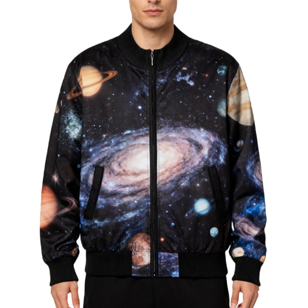 Men's Black Bomber Jacket with Galaxy & Planet Print