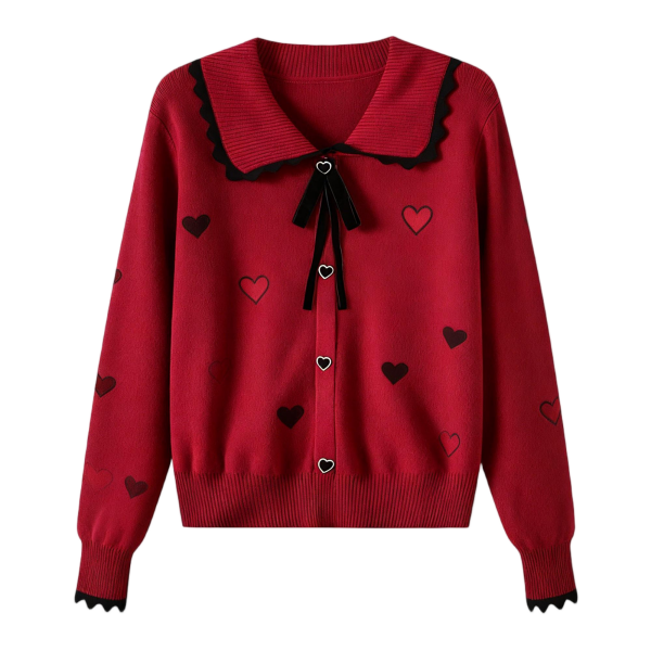 Women's Burgundy Peter Pan Collar Cardigan with Heart Print