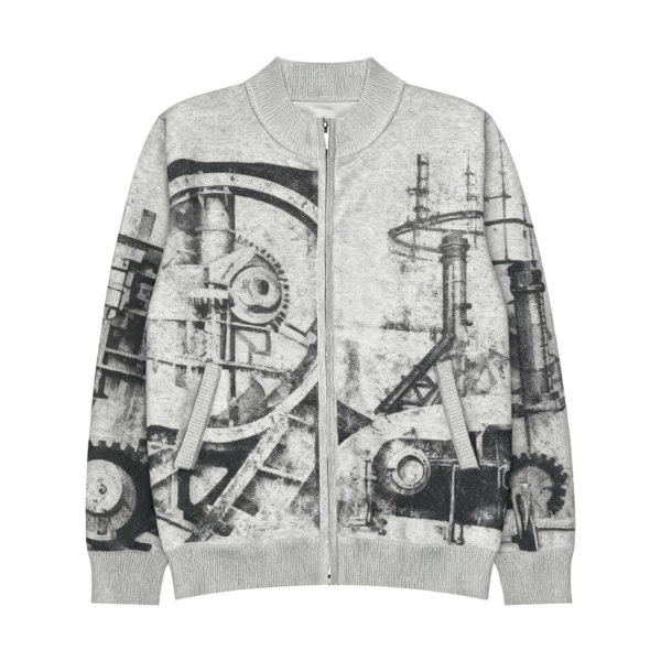 Men's Gray Bomber Jacket with Industrial Gear Print